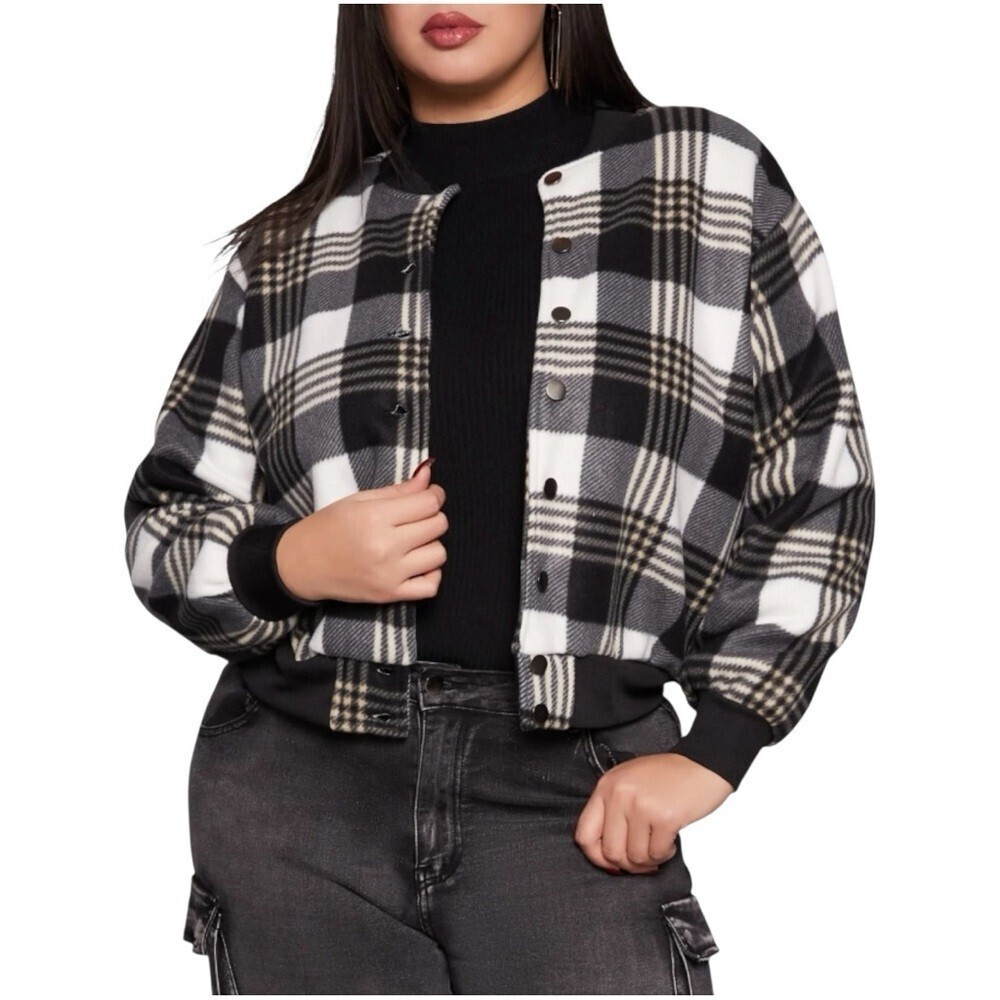 Plaid Black and White Women's Jacket, Plus Size 1X